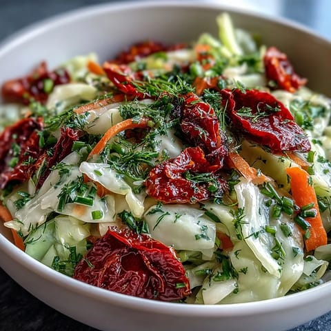 A close-up of Cabbage Salad With Sundried Tomatoes features crisp bell peppers, fresh chives, and parsley on a rustic wooden serving bowl.