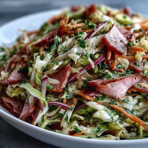 A vibrant bowl of German Cabbage Coleslaw with Shredded Ham tossed in a tangy apple cider vinaigrette and garnished with fresh parsley. 