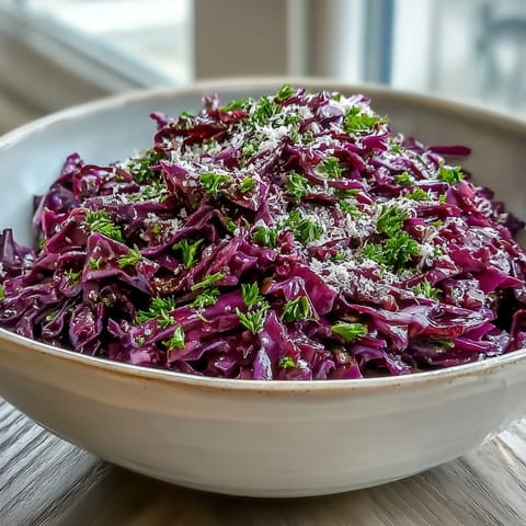 Shredded Red Cabbage Coleslaw With Apple and Parmesan tossed with crisp apple slices and spring onions, ready to serve as a refreshing vegetarian side dish.