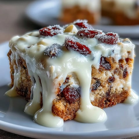 Cranberry Bliss Bars on a white plate topped with orange zest and chopped cranberries for garnish.