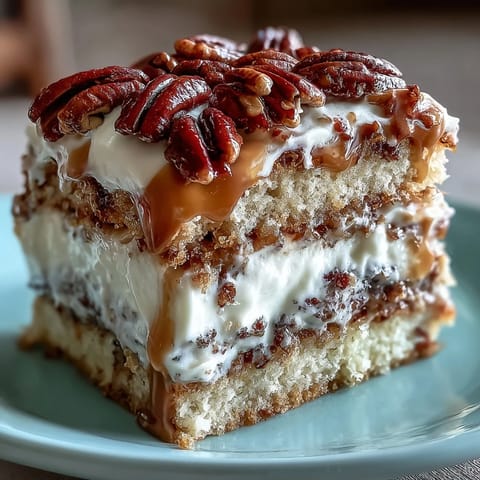 A 9x13-inch Butter Pecan Tres Leches Cake with a drizzle of toasted nut topping. 