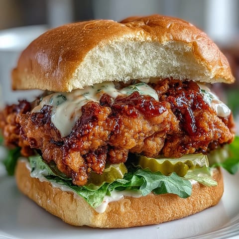 Golden-brown spicy fried chicken sandwich piled high on a toasted brioche bun, topped with crisp lettuce and creamy homemade sauce.