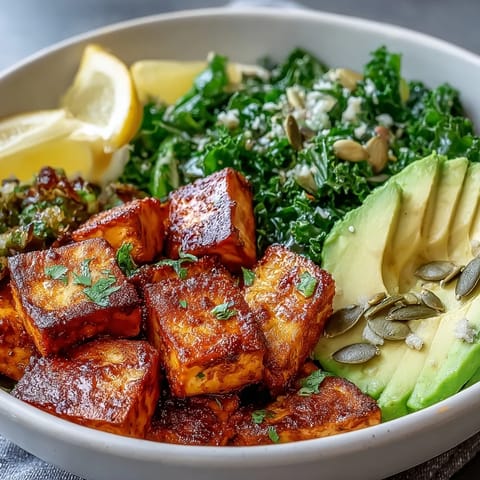 A close-up of a savory Tofu Breakfast Bowl with Avocado and Kale, featuring sautéed kale, spiced tofu cubes, and fresh avocado.