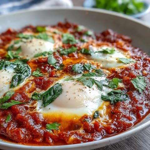 Shakshuka Bowl with poached eggs in a spiced tomato sauce, served with warm pita bread.