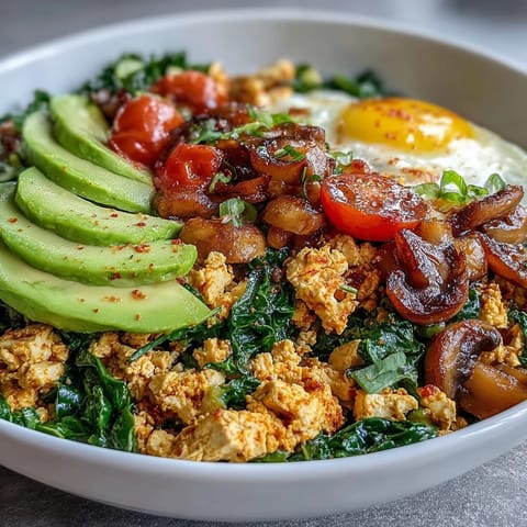 A close-up of a savory vegan Scrambled Tofu Breakfast Bowl garnished with fresh parsley and avocado slices next to a lemon wedge.