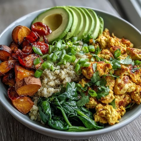 Golden roasted sweet potatoes and savory scrambled tofu are layered over fluffy quinoa and topped with creamy avocado slices.