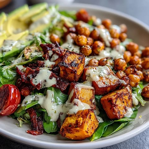 Vibrant Breakfast Buddha Bowl with roasted sweet potatoes, crispy chickpeas, and fresh veggies drizzled with creamy tahini dressing.