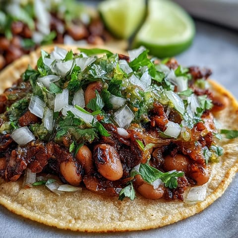 Freshly mashed Black-Eyed Pea Tacos filled with seasoned legumes, topped with bright cilantro and diced white onion.