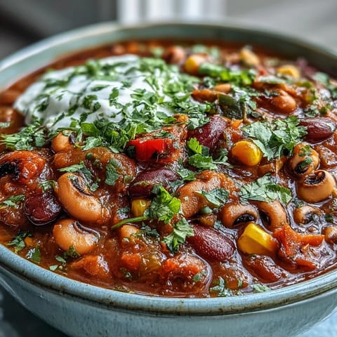 A hearty pot of simmering Black-Eyed Pea Chili filled with vibrant bell peppers, carrots, and spices, ready to serve.