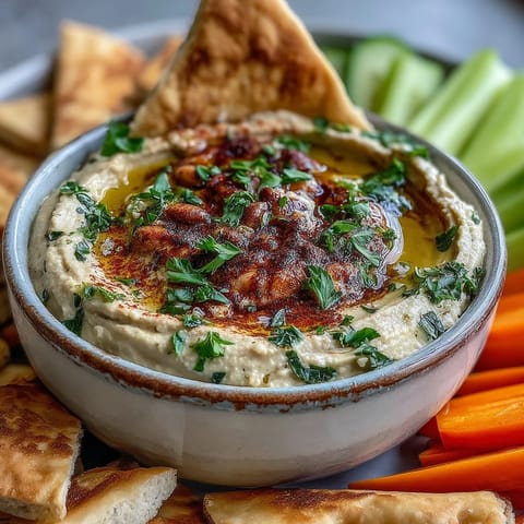 Creamy Black-Eyed Pea Hummus topped with smoked paprika, olive oil, and parsley served with fresh vegetables and warm pita chips.