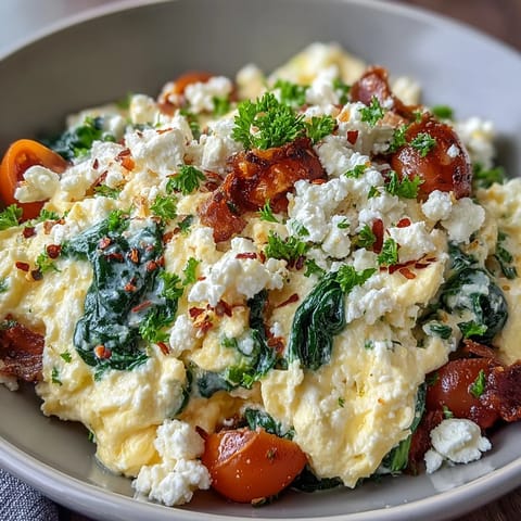 Mediterranean-inspired breakfast bowl featuring creamy feta, sautéed spinach, and soft scrambled eggs, topped with vibrant cherry tomatoes.