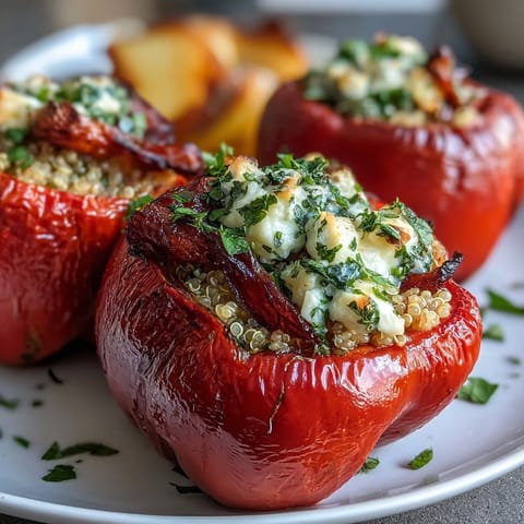 Vibrant stuffed bell peppers filled with herby quinoa and vegetables, baked until tender and golden for a healthy vegetarian dinner.  