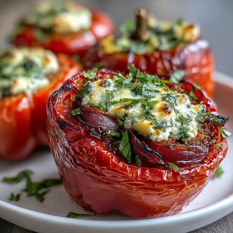 Freshly baked bell peppers stuffed with quinoa, tomatoes, and fragrant herbs, offering a colorful and satisfying gluten-free meal.  