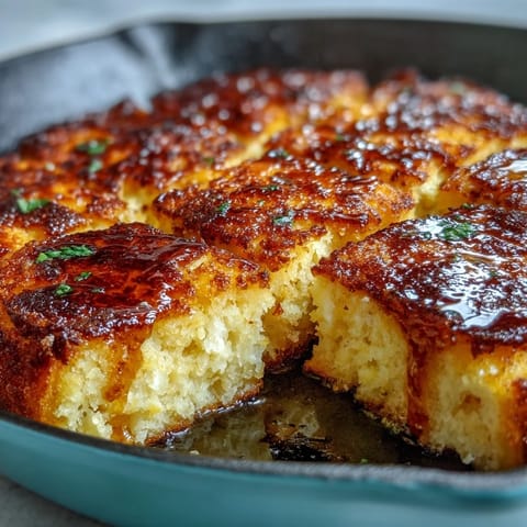 A golden, moist Southern-style cornbread baked in a cast-iron skillet, served warm with luscious honey butter for the ultimate comfort food experience.
