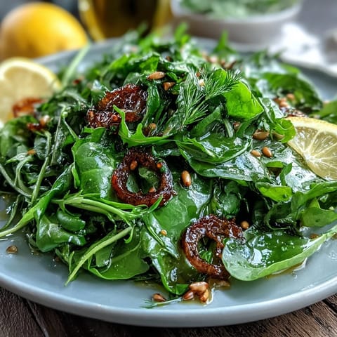 Bright lemon vinaigrette arugula salad with shaved Parmesan, toasted pine nuts, and vibrant greens – a fresh, tangy Italian-inspired starter.
