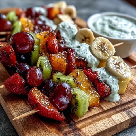 Vibrant bento box with colorful fruit skewers, creamy yogurt dip, and mini sandwiches, perfect for a fun and healthy kid's lunch.