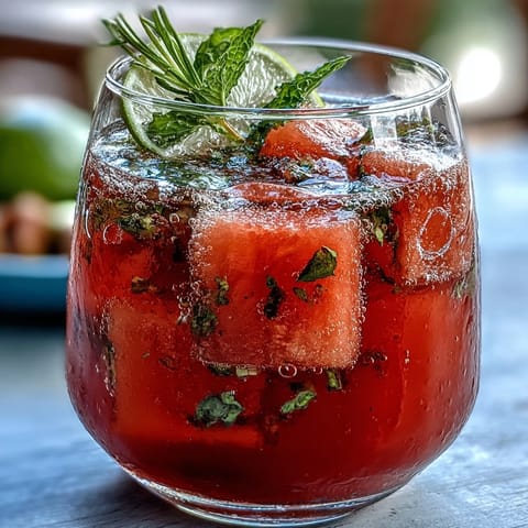 Bright pink watermelon mocktail with fresh mint garnish, sparkling water, and lime slices for a festive summer drink.