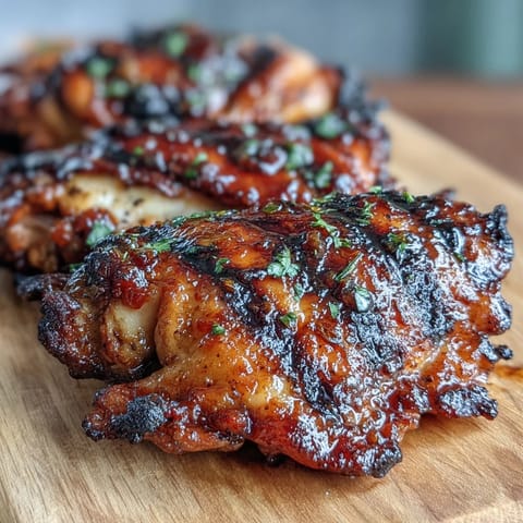 Honey Garlic Grilled Chicken Thighs sizzling on the grill with a glossy, caramelized glaze and fresh herbs sprinkled on top.