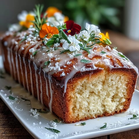 Mothers Day Lemon Drizzle Cake with Edible Flowers: Moist lemon loaf topped with bright citrus drizzle and colorful edible flowers, perfect for Mother's Day.