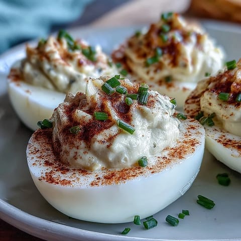 Creamy deviled eggs with paprika and chives, a classic appetizer perfect for parties and picnics.  