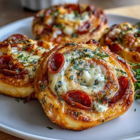 Flaky pizza pinwheels bursting with melted mozzarella, zesty marinara, and pepperoni—perfect party appetizers.  