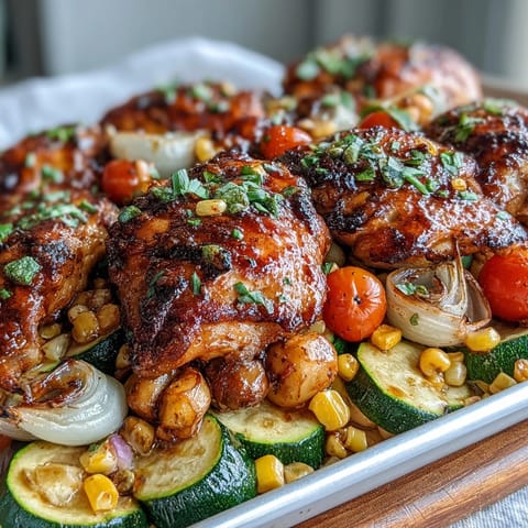 Vibrant sheet pan chicken with zucchini and corn, roasted to perfection with juicy chicken, sweet corn, and tender vegetables.