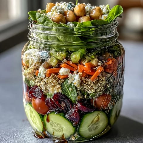 Vibrant mason jar salads packed with colorful vegetables, chickpeas, and grilled chicken for a nutritious lunch.