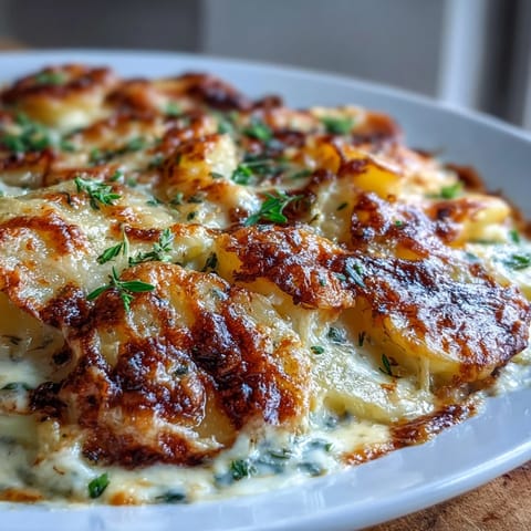 A close-up of golden, bubbling scalloped potatoes with Gruyere cheese in a baking dish.