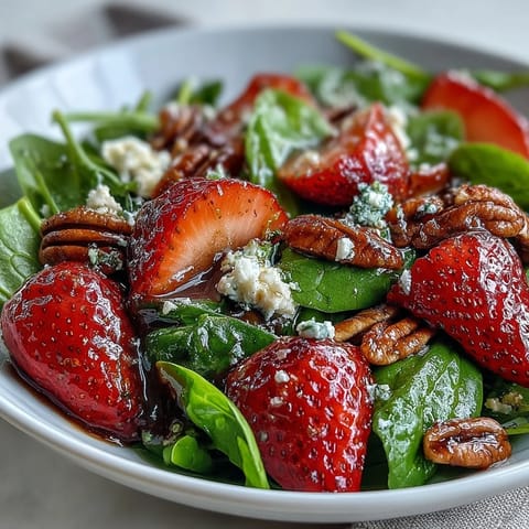 Vibrant Strawberry Spinach Spring Salad with creamy goat cheese, sweet berries, and crunchy nuts.