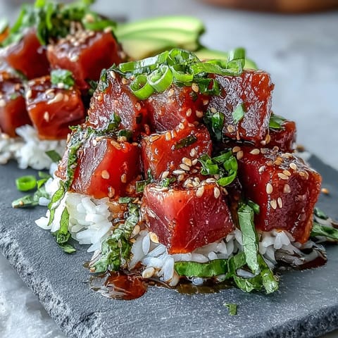 Delectable Spring Tuna Poke Bowl featuring colorful raw tuna and garden-fresh toppings.