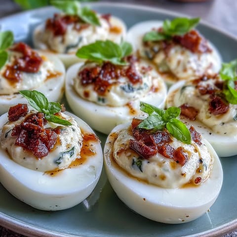 Vibrant Caprese Deviled Eggs topped with fresh basil oil and tomato.