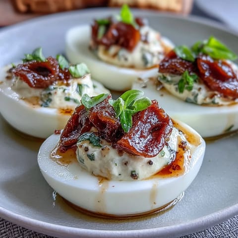 Savory Caprese Deviled Eggs, a colorful Italian appetizer with mozzarella.