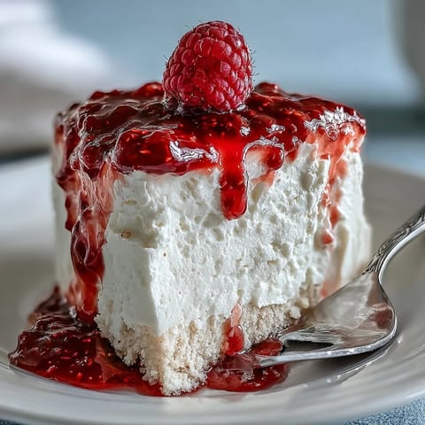 Creamy Mother's Day No-Bake Cheesecake with vibrant raspberry coulis drizzled.