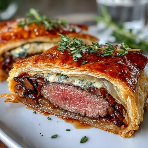 Golden individual beef wellington parcels, perfectly baked with savory mushroom duxelles.