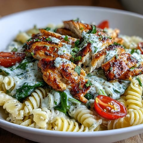 High Protein Pasta Bowl with vibrant spinach and juicy grilled chicken.