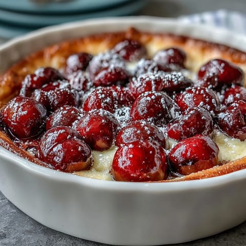 Fresh Cherry Clafoutis features juicy cherries baked in a golden vanilla custard.