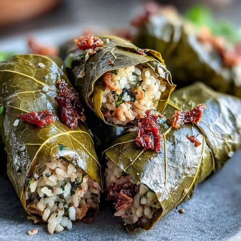 Kurdish Dolma: tender, herb-filled grape leaves resting in a serving dish.