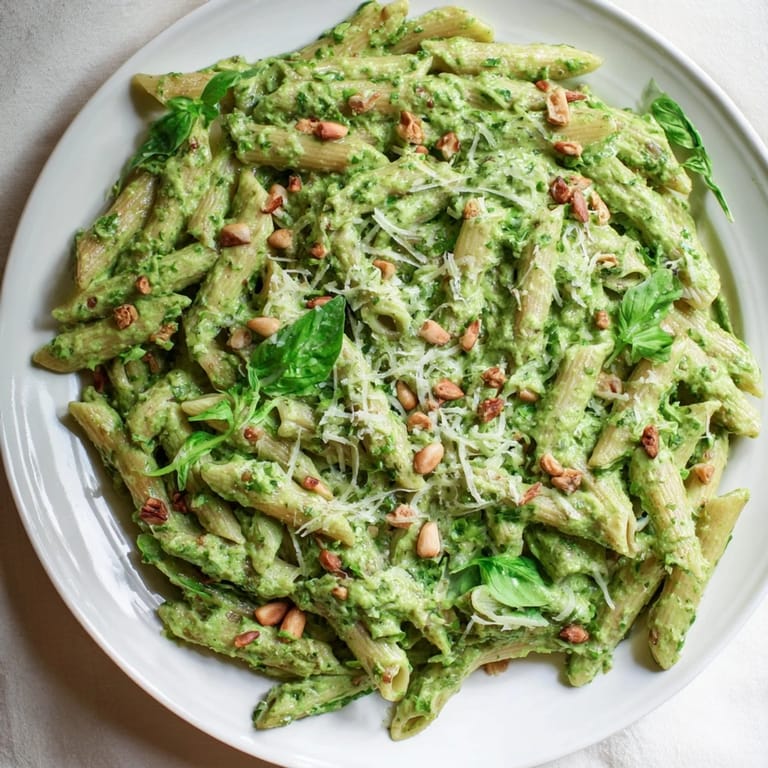 Bright green pesto coats fusilli pasta in this quick, creamy 15-minute pesto pasta dish.