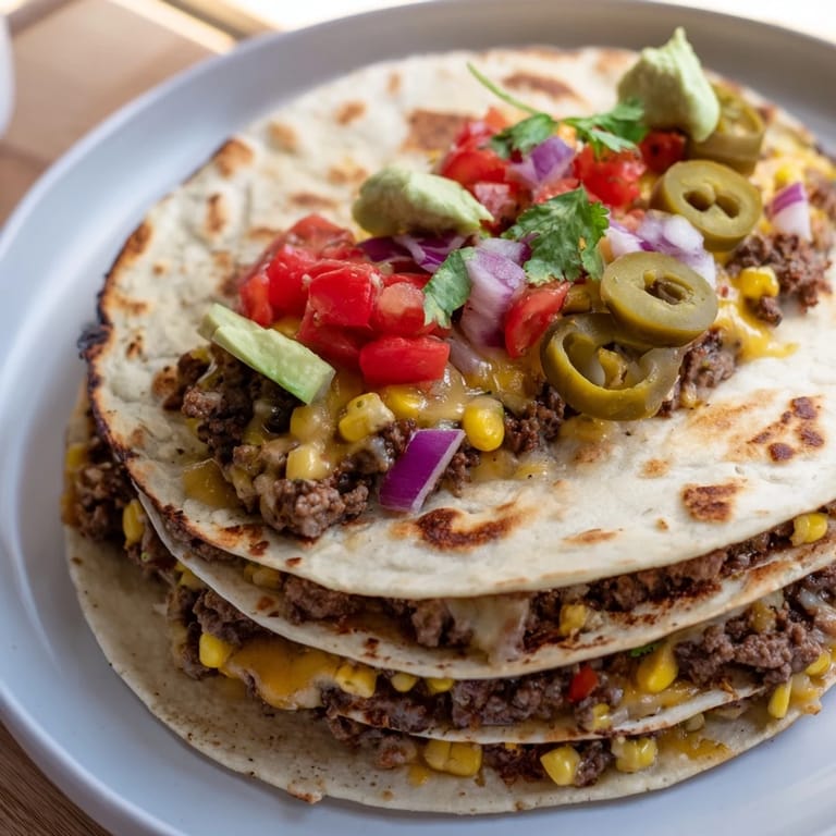 A close-up of fully loaded Classic Sheet Pan Beef Nachos shows layers of delicious Tex-Mex flavors.