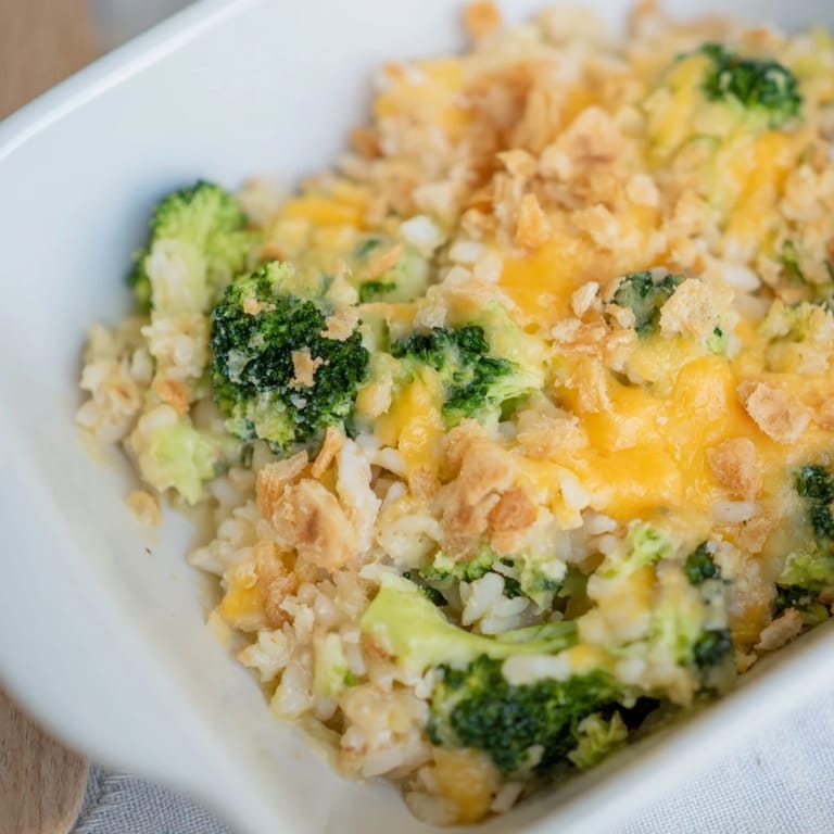 Enjoy a family-sized Cheesy Broccoli and Rice All-in-One Bake featuring tender rice, veggies, and cheese.