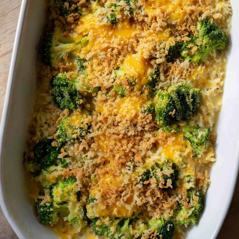 A close-up of a steaming cheesy broccoli and rice bake, with melted cheese and fresh broccoli.