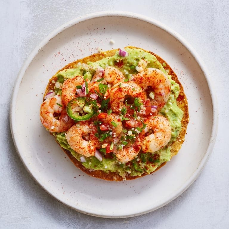 Enjoy freshly made Quick Shrimp and Avocado Tostadas; featuring spicy shrimp and creamy avocado on crispy tostada shells.