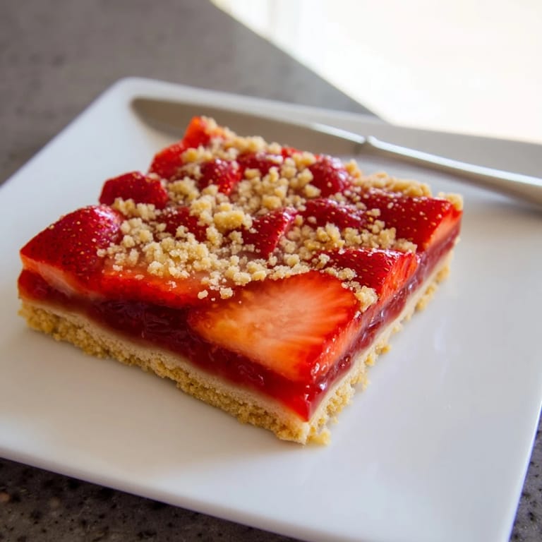 Freshly baked Simple Homemade Strawberry Jam Squares, showcasing a buttery base and a jammy filling, ready to serve.