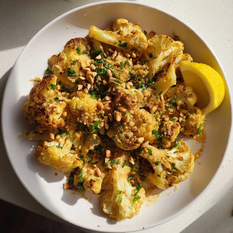 Vibrant image of perfectly cooked roasted cauliflower steaks, plated with tangy tahini sauce and herbs.