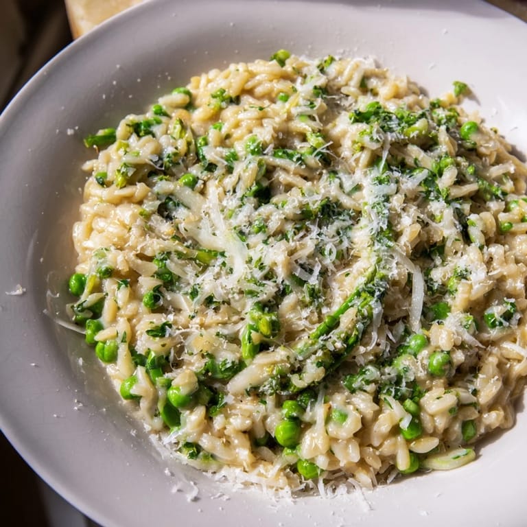 This image shows a beautifully plated bowl of creamy Parmesan Orzo, garnished with fresh parsley.
