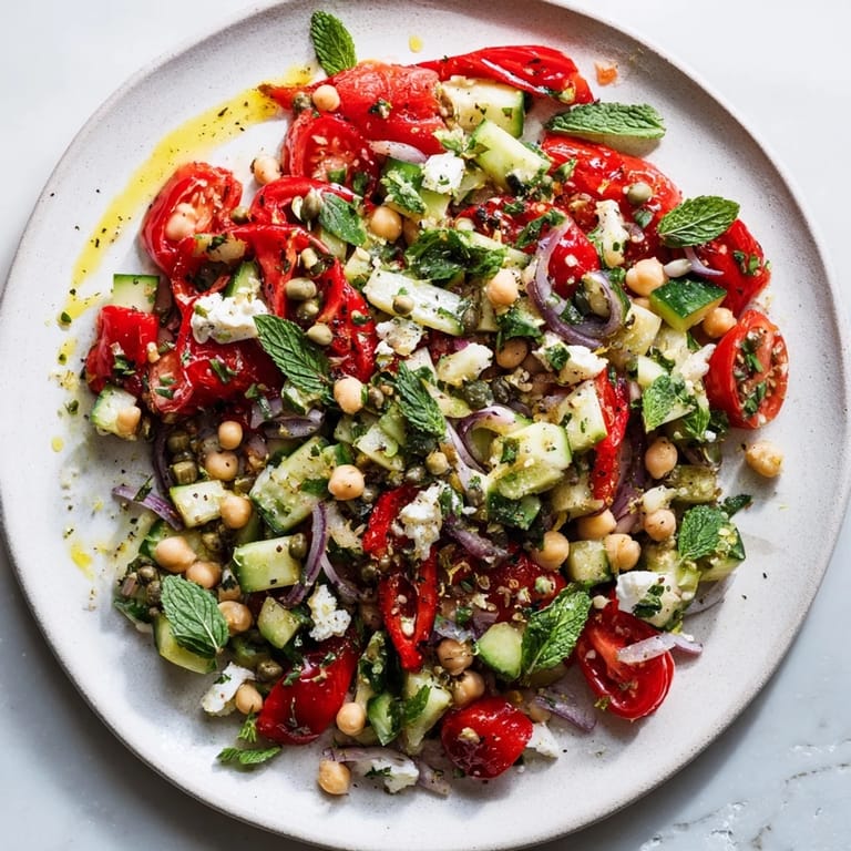 Vibrant photo of Fresh Cucumber and Chickpea Salad with Lemon Mint, a light and refreshing vegan salad.