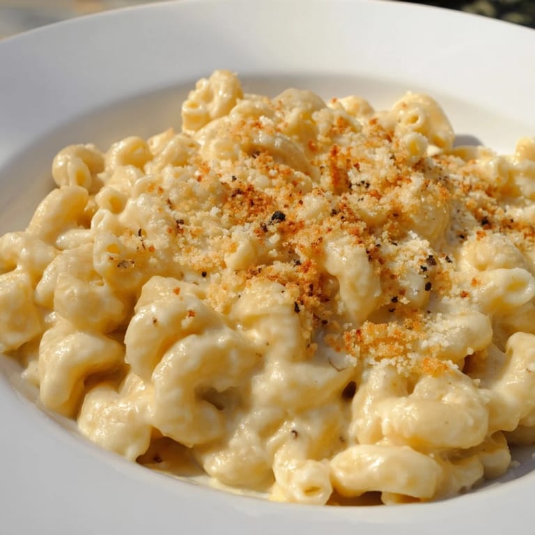 This photo shows a creamy bowl of butternut squash mac and cheese, ready to eat and enjoy.