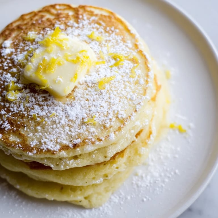 Delicious stack of Lemon Ricotta Pancakes, showing a light and airy texture, ideal for breakfast.