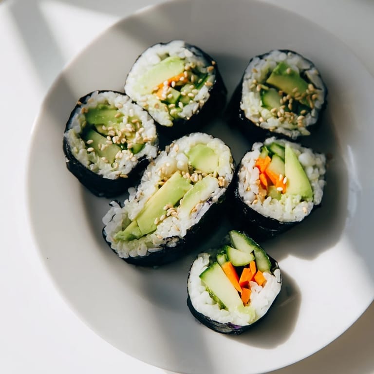 Close-up of freshly made Avocado Cucumber Sushi rolls with vibrant, colorful veggie fillings ready to enjoy.