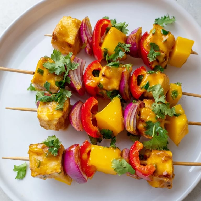 Grilled Mango Lime Chicken Skewers, boasting a beautiful char, served with fresh cilantro and lime wedges; a flavorful dinner.